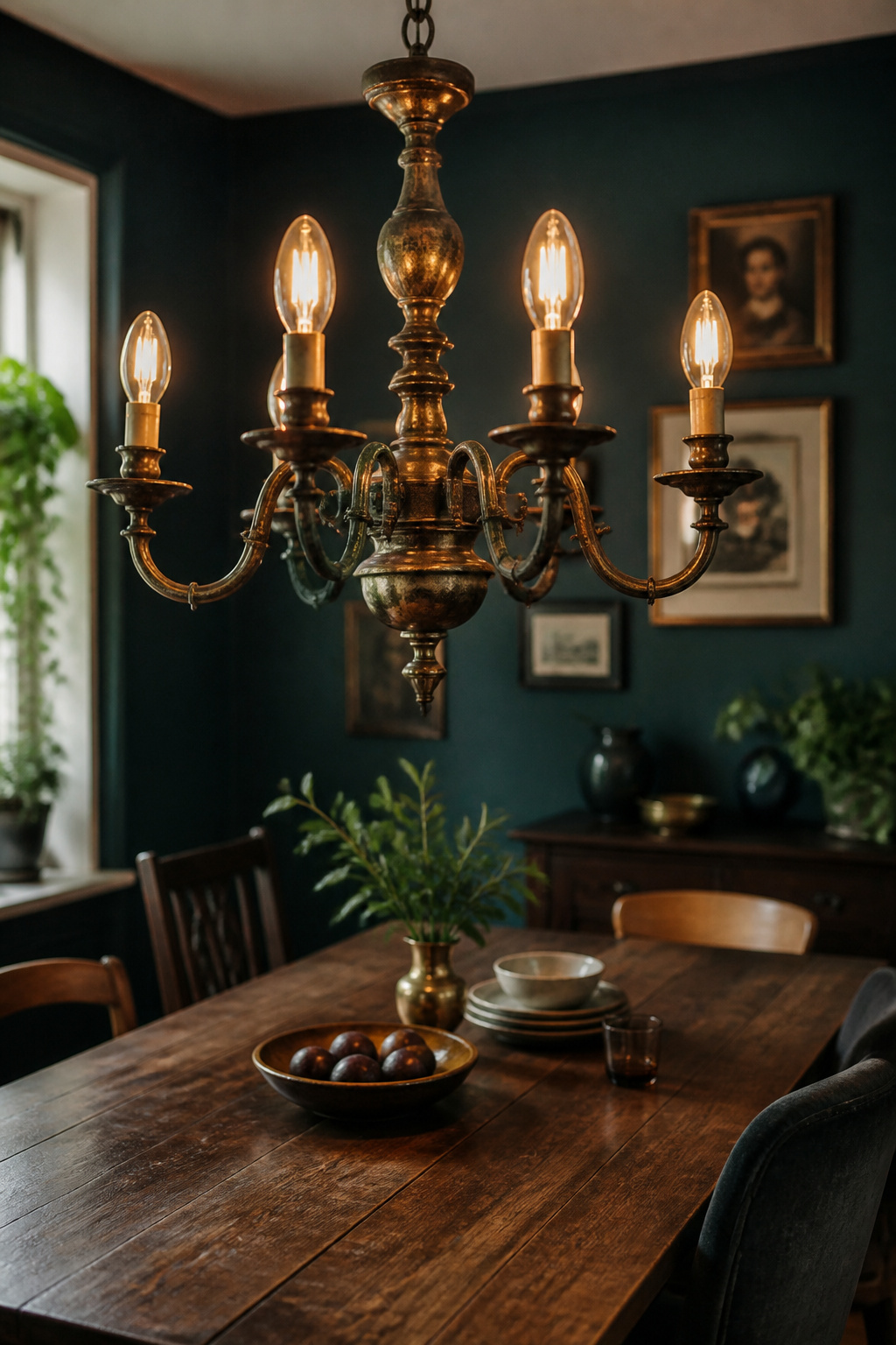 Aged brass vintage chandelier with warm filament bulbs hanging over a dark walnut eclectic dining table in a deep teal dining room
