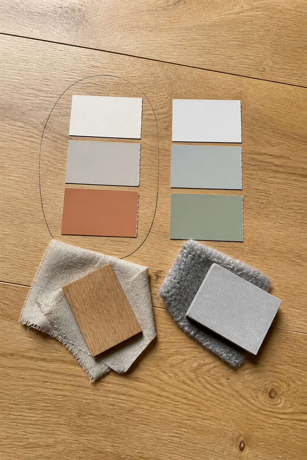 Tabletop comparison of warm-undertoned paint swatches — creamy white, warm greige, soft terracotta — alongside cool-undertoned swatches — blue-white, dove grey, sage green — with linen and oak fabric reference samples