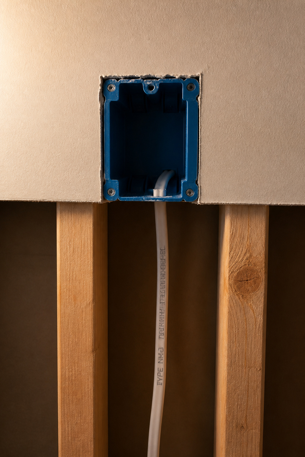 Rough-in electrical box mounted in a wall stud cavity with NM-B cable, positioned to sit behind a wall-mounted TV