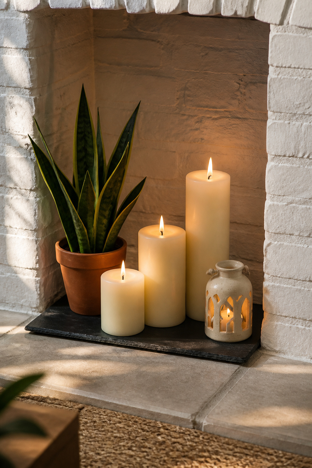 White-painted firebox styled with a candle cluster on a slate tray and a snake plant in a terracotta pot