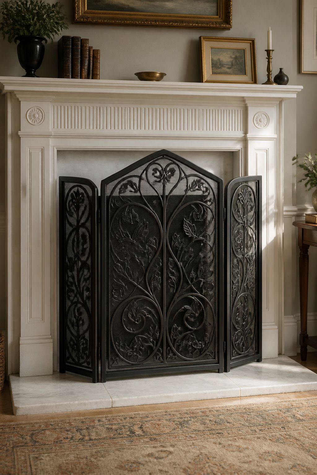 Matte-black three-panel ornate folding fireplace screen with Art Nouveau vine pattern covering unused white mantel fireplace