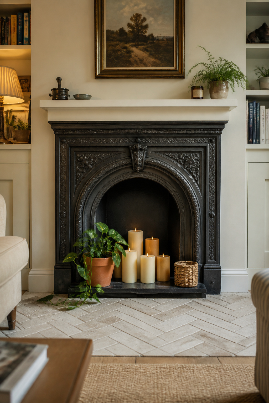 Non-working Victorian cast iron fireplace firebox styled with pillar candles, pothos plant, and wicker basket