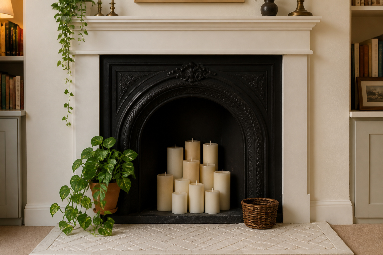 Non-working Victorian cast iron fireplace firebox styled with pillar candles, pothos plant, and wicker basket