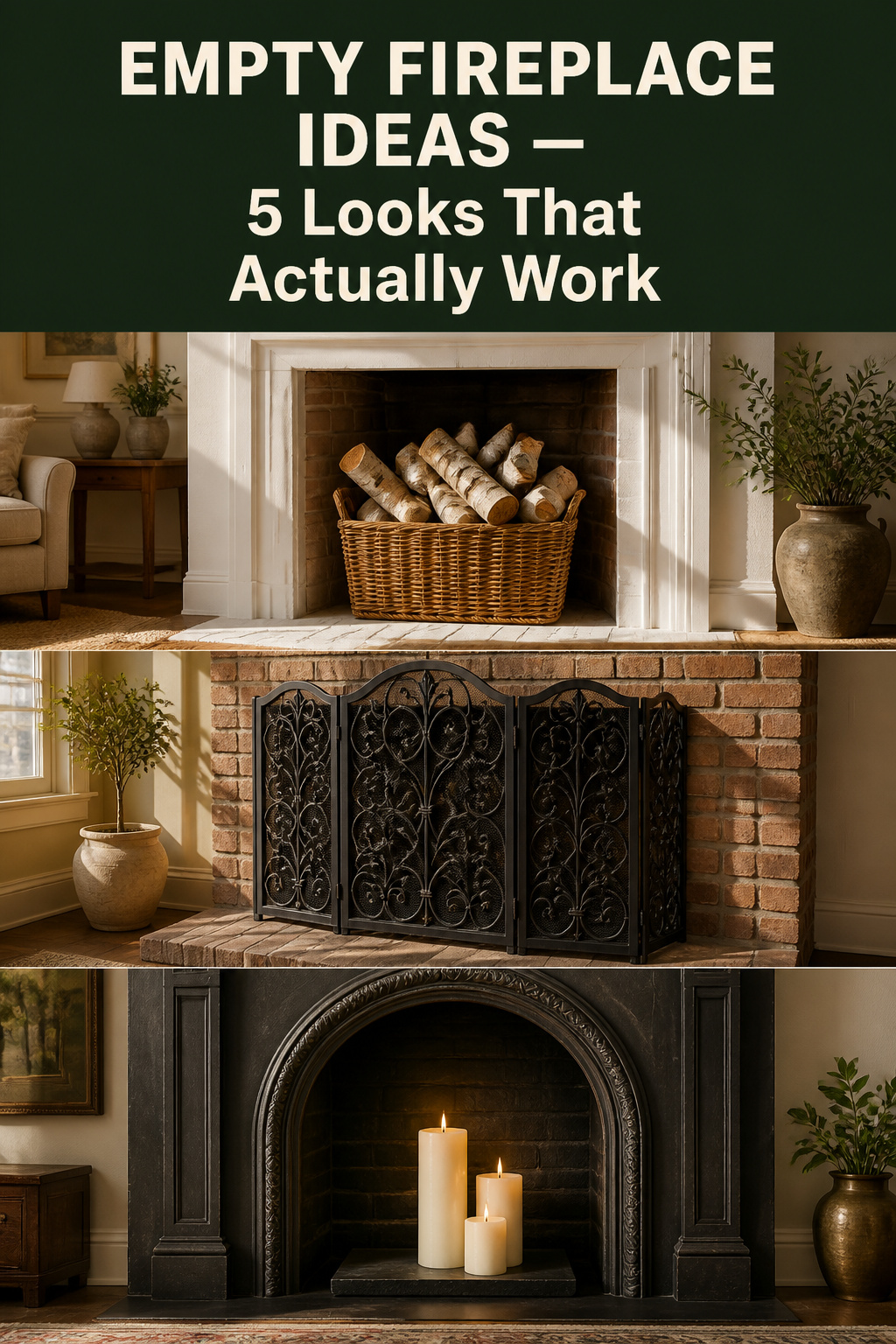 Pinterest collage of three empty fireplace styling ideas: stacked birch logs, decorative screen, and candle cluster