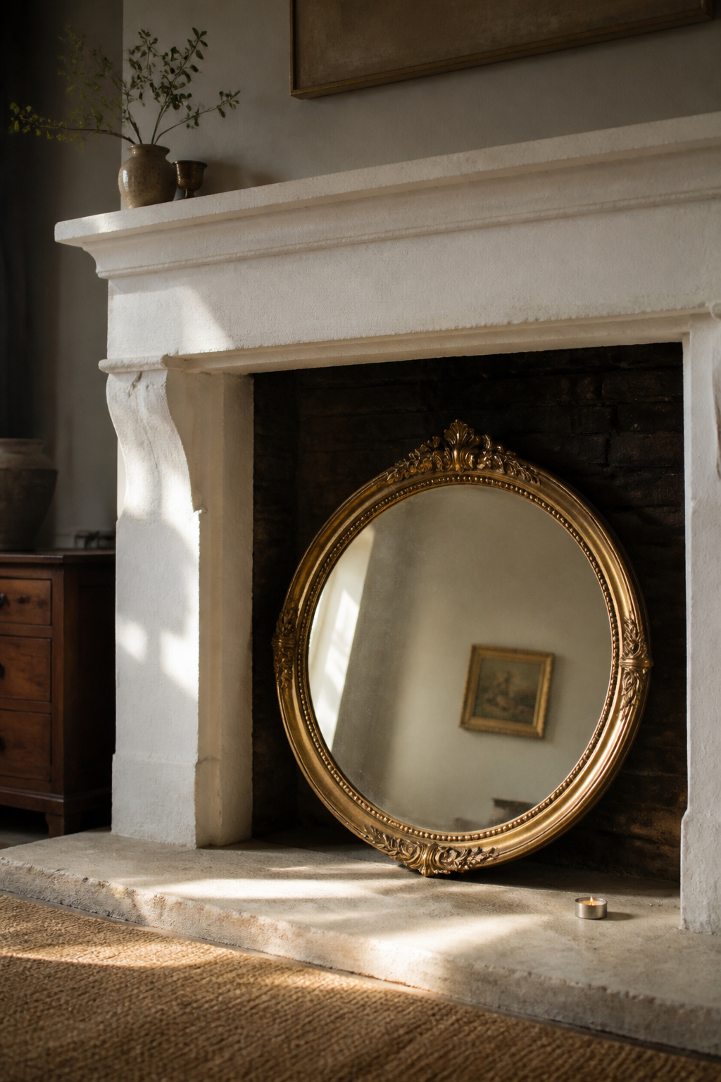 Round gilded mirror leaning against dark brick fireback inside a white stone fireplace surround, reflecting room light