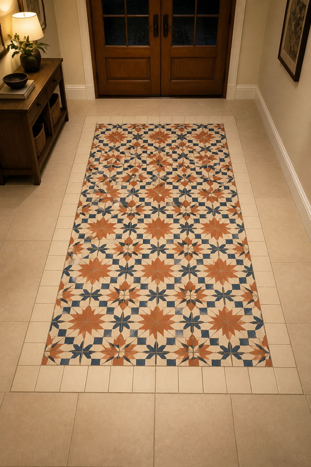 encaustic motif tile rug inlay in an entryway, star-and-cross pattern in terracotta navy and cream framed by a plain cream porcelain border