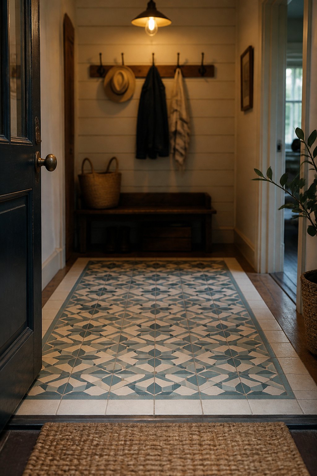Small foyer with an encaustic cement tile rug in a teal and cream star-lattice pattern set into plain cream surrounding tile