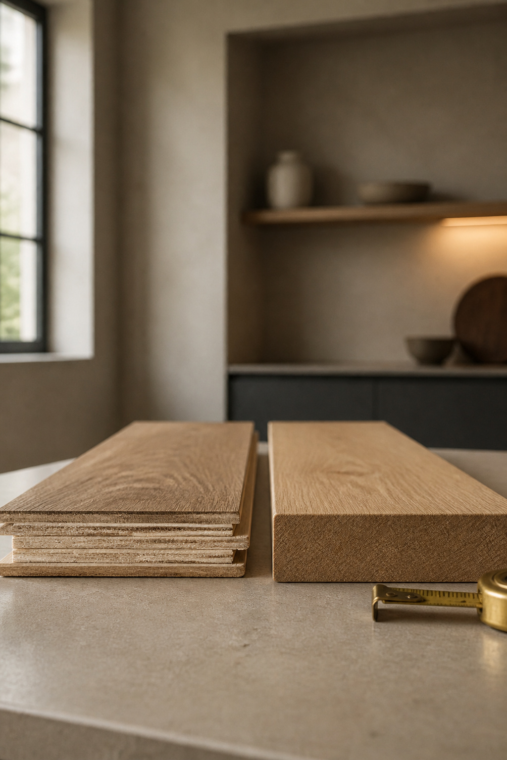Cross-section of a layered engineered oak plank next to a solid oak board showing the construction difference