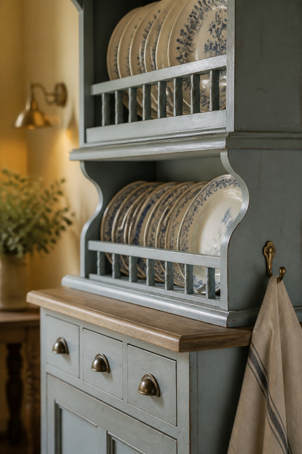 Dusty blue-green painted freestanding dresser with an open plate rack holding cream and blue-patterned crockery