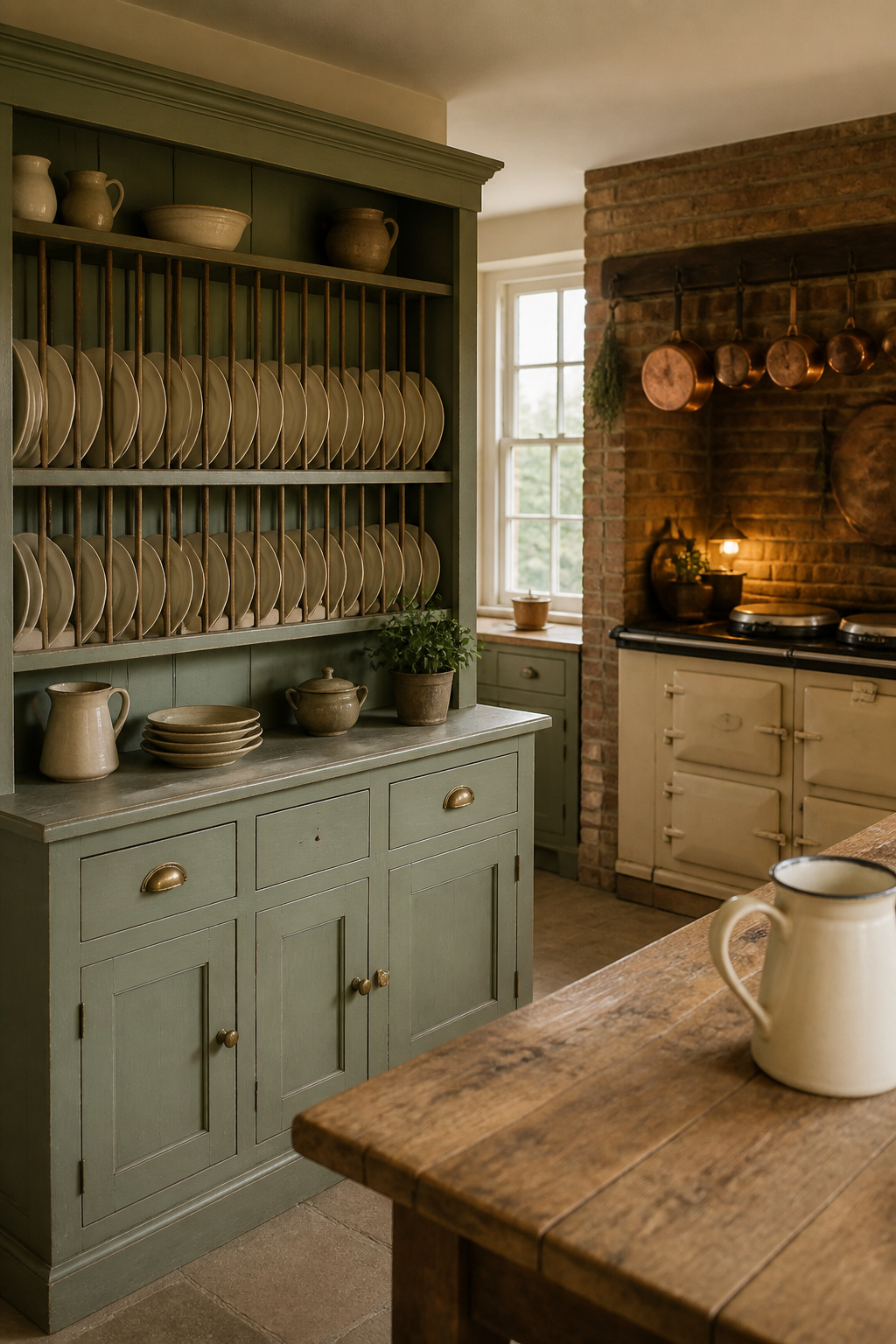 English cottage kitchen with a sage-green in-frame dresser, open plate rack of cream plates, and a cream range cooker under hanging copper pans