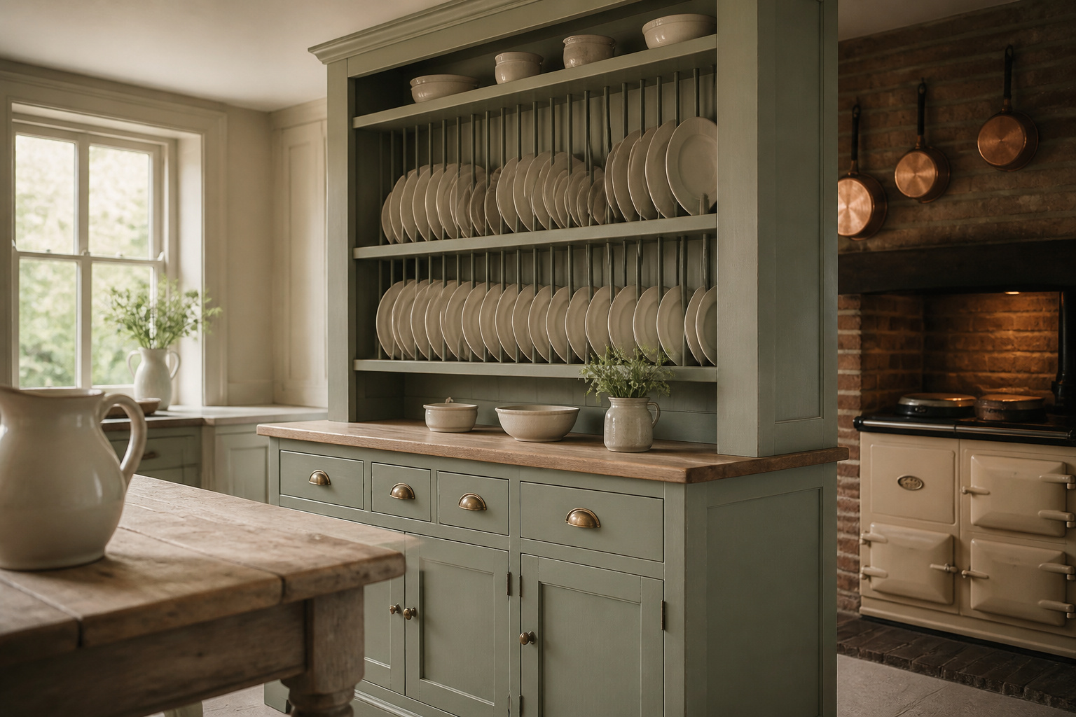 English cottage kitchen with a sage-green in-frame dresser, open plate rack of cream plates, and a cream range cooker under hanging copper pans