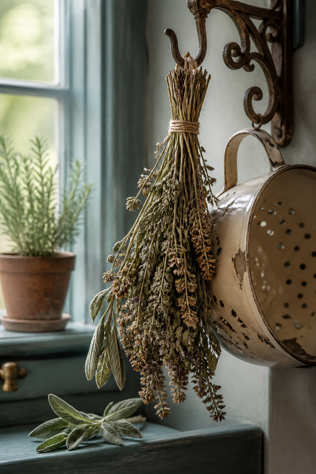 Dried garden herbs hanging beside a chipped cream enamel colander on a dusty blue-green windowsill