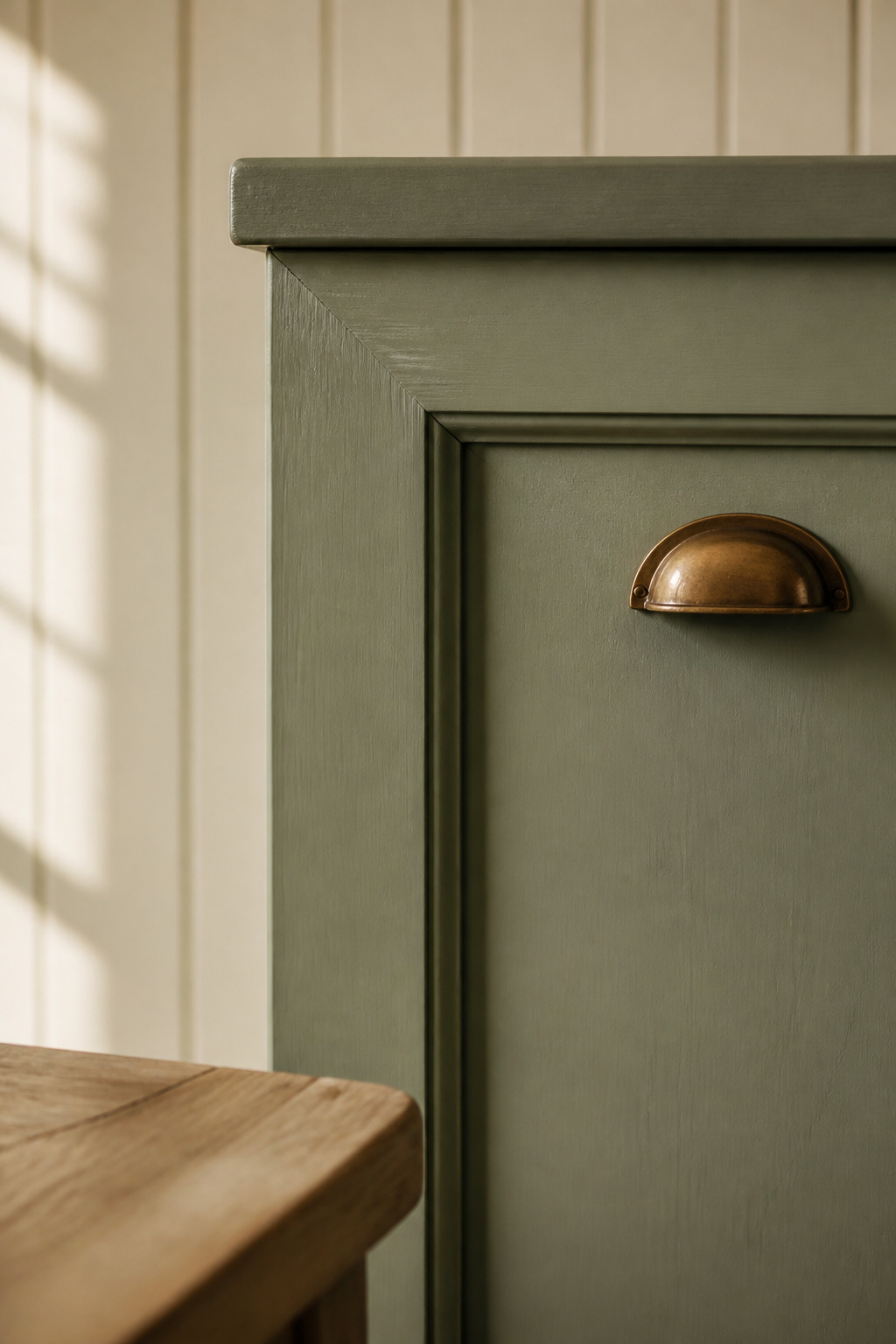 Sage-green in-frame cabinet door with a visible timber frame and a brass cup handle against cream beadboard panelling
