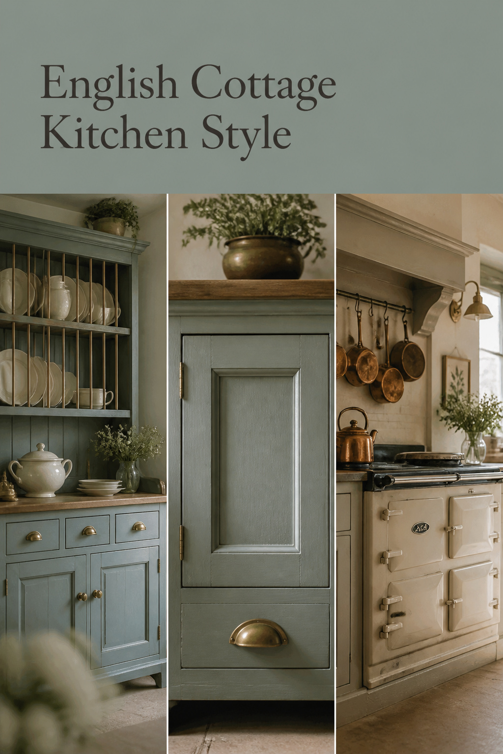 Three-panel English cottage kitchen collage: a painted dresser with plate rack, an in-frame cabinet door with a brass cup handle, and a cream range cooker with copper pans