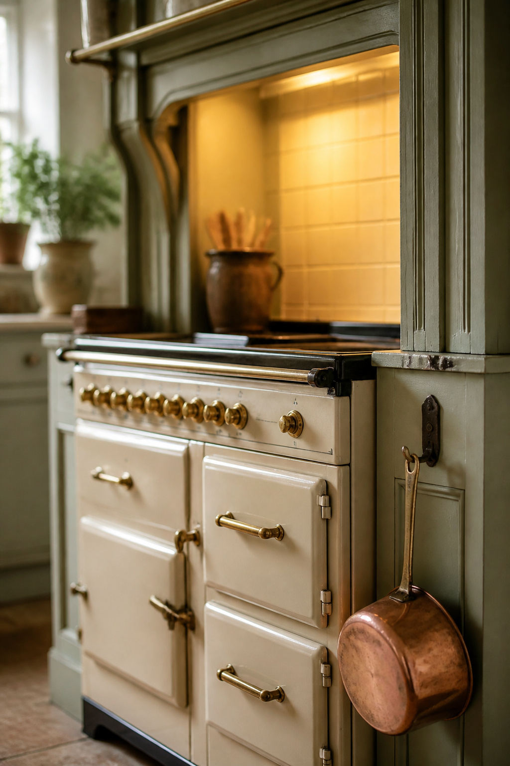 Cream enamel range cooker in a sage-green surround with a copper pan hanging beside a butter-yellow tiled splashback