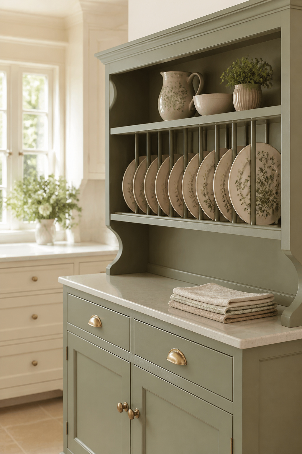 Newly built painted oak dresser with an open plate rack in a bright new-build kitchen