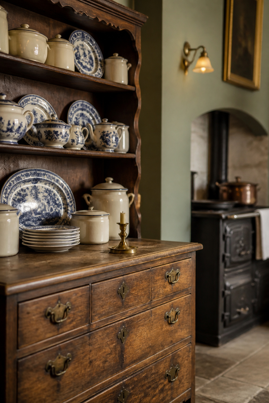 Antique oak Welsh dresser stacked with cream enamelware and blue-and-white china beside a cast-iron range in a plastered alcove