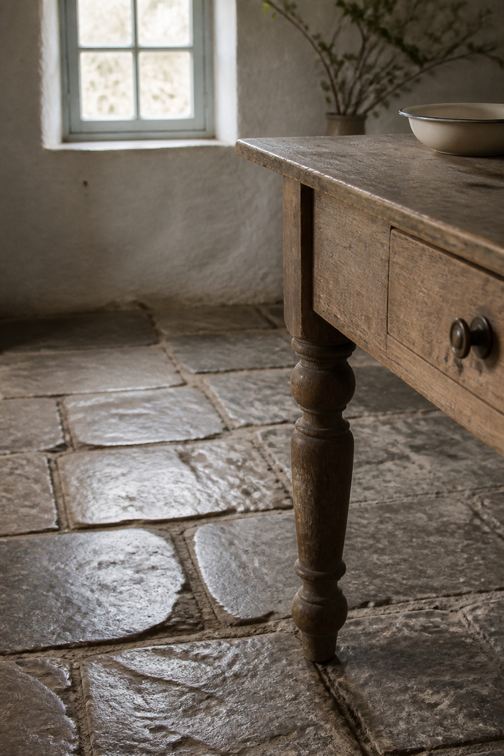 Scrubbed reclaimed pine table leg on a weathered stone-flagged floor beside a limewashed wall, evoking the original working English cottage kitchen