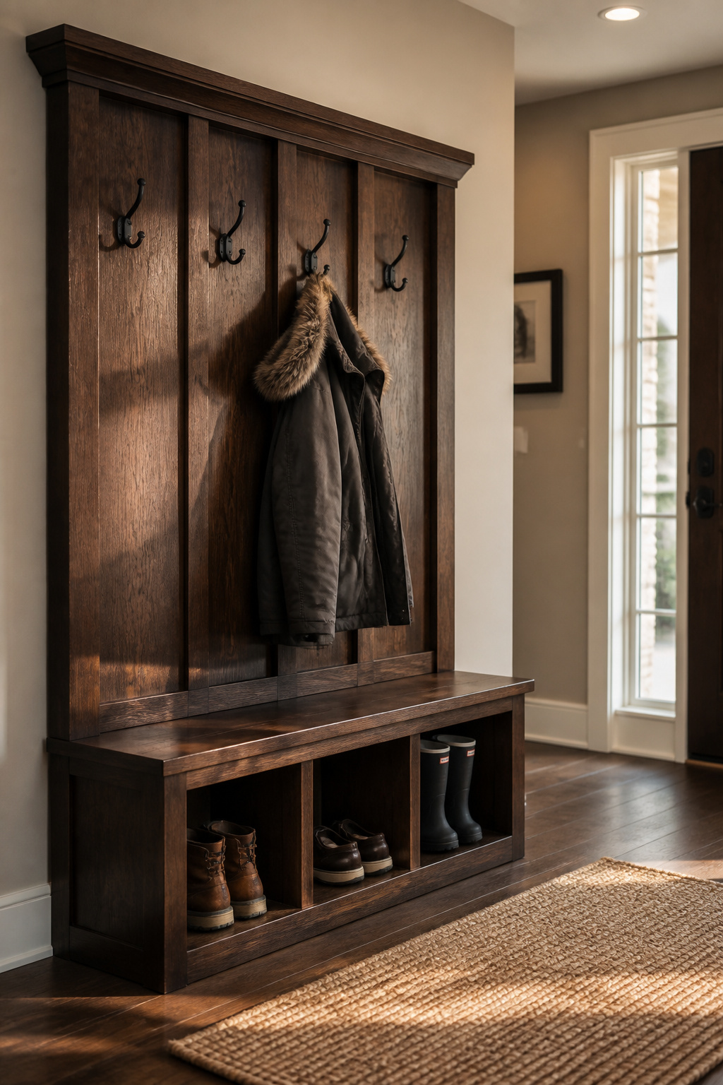 Dark oak hall tree with matte-black coat hooks and bench seat in a greige-painted entryway, empty coat hanging from top hook