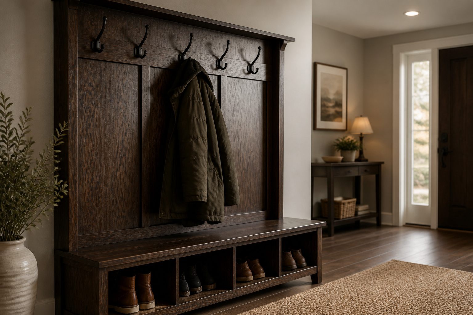 Dark oak hall tree with matte-black coat hooks and bench seat in a greige-painted entryway, empty coat hanging from top hook