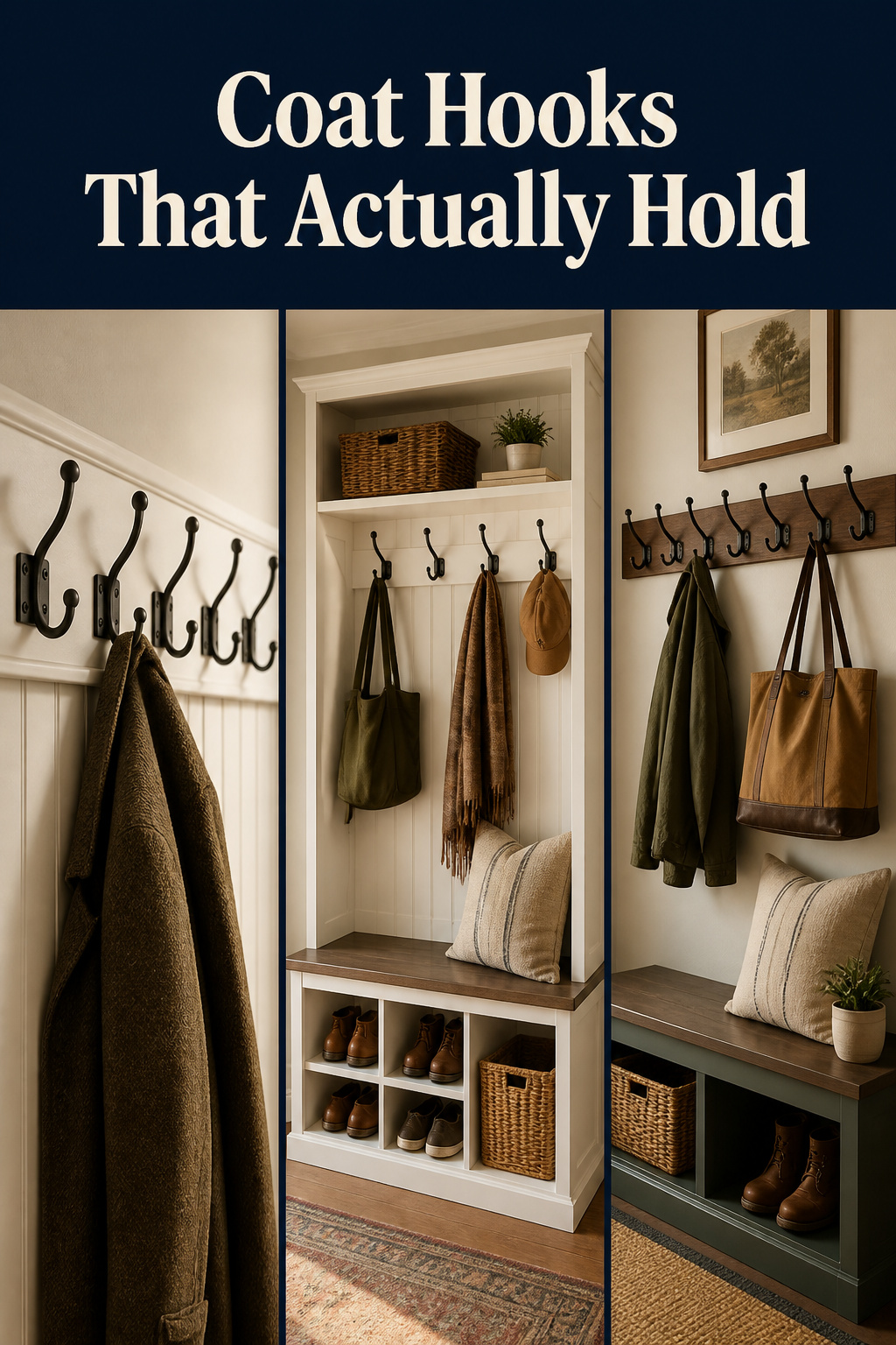 Pinterest collage showing three entryway bench coat hook setups — a shaker rail, a 3-in-1 hall tree, and a DIY poplar hook board