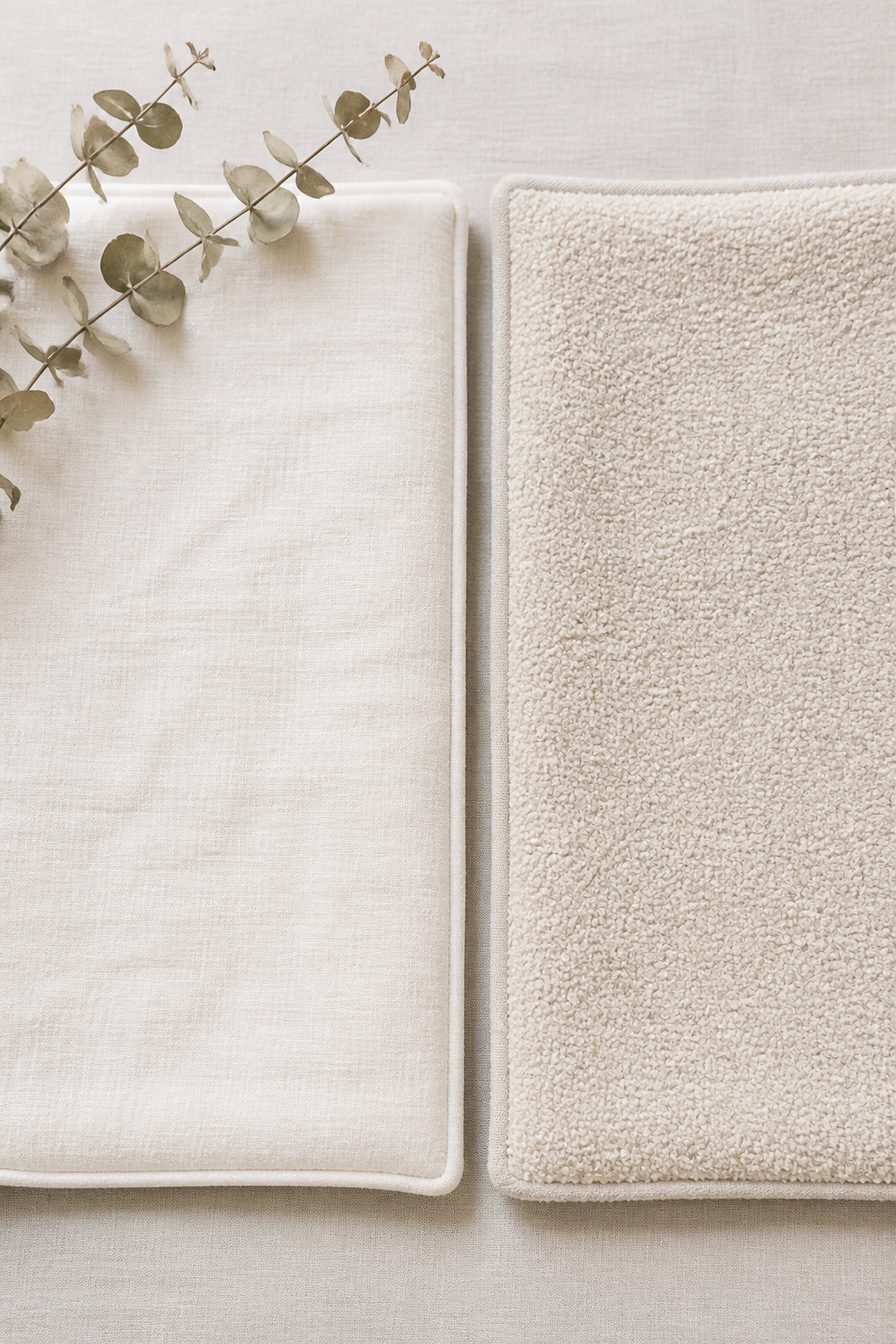 Two bench cushion covers laid side by side — a smooth warm-white linen for spring and summer, and an ivory boucle for autumn and winter — illustrating a two-cover seasonal rotation strategy