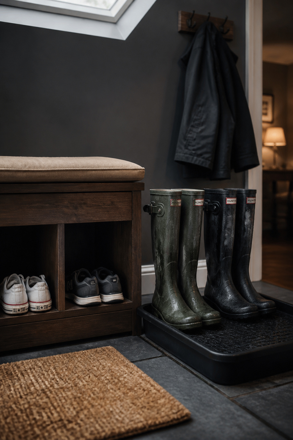 Dark wood entryway bench with dry sneakers in open cubbies beside a rubber boot tray holding two pairs of wet tall boots