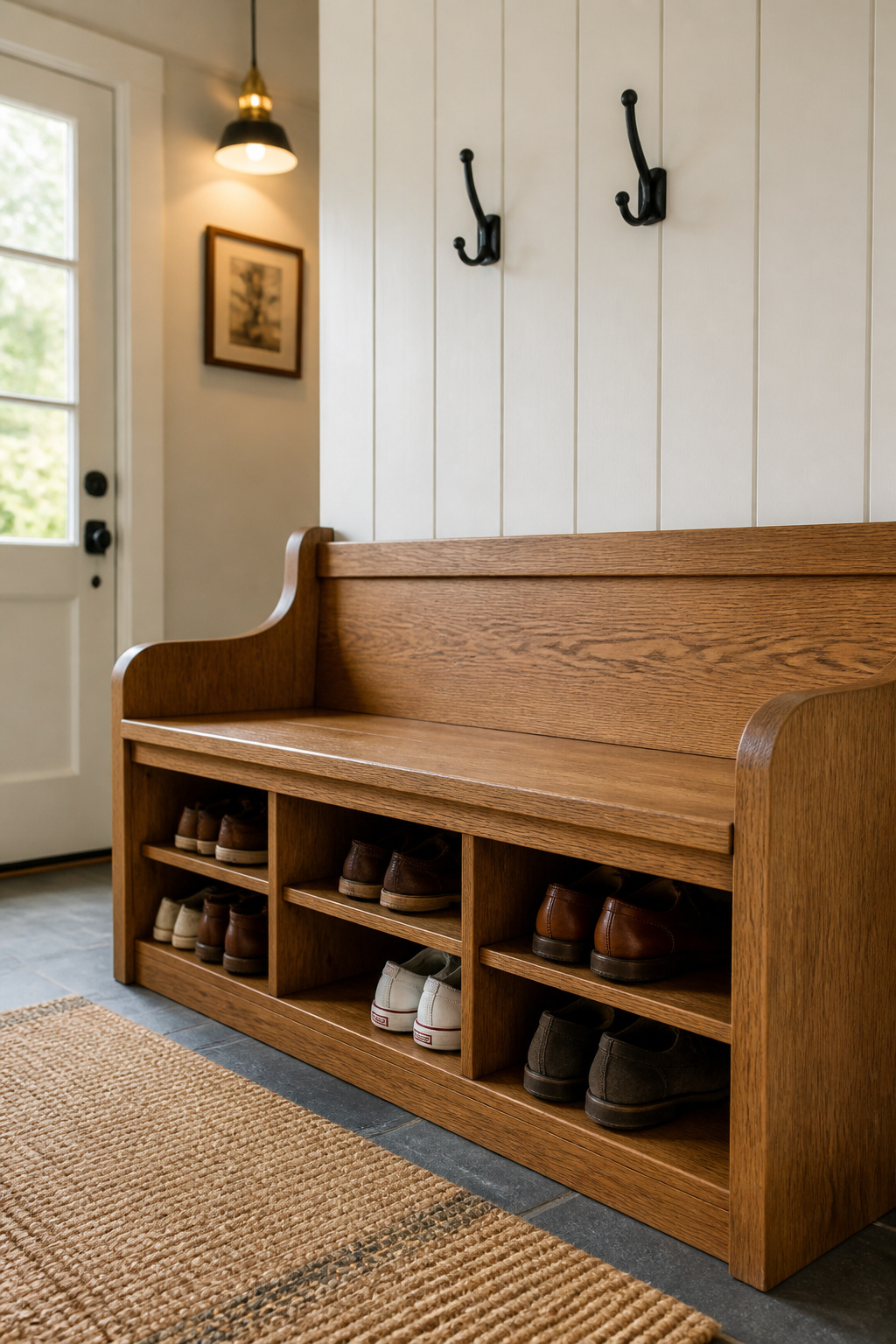 Oak entryway bench with open shoe cubbies beneath the seat, set against a white shiplap wall with coat hooks above