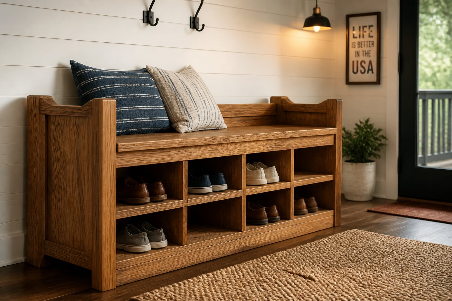 Oak entryway bench with open shoe cubbies beneath the seat, set against a white shiplap wall with coat hooks above