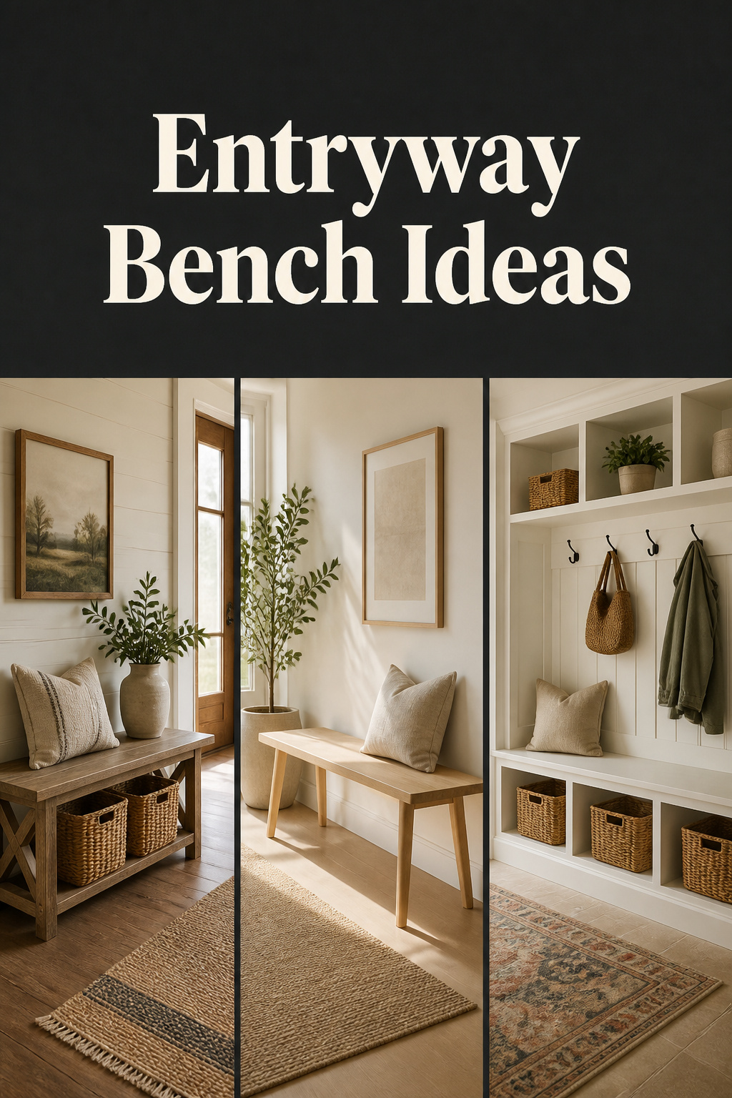 Three entryway bench styles side by side: farmhouse X-frame with baskets, Scandinavian minimal with cushion, and white built-in mudroom bench with cubbies