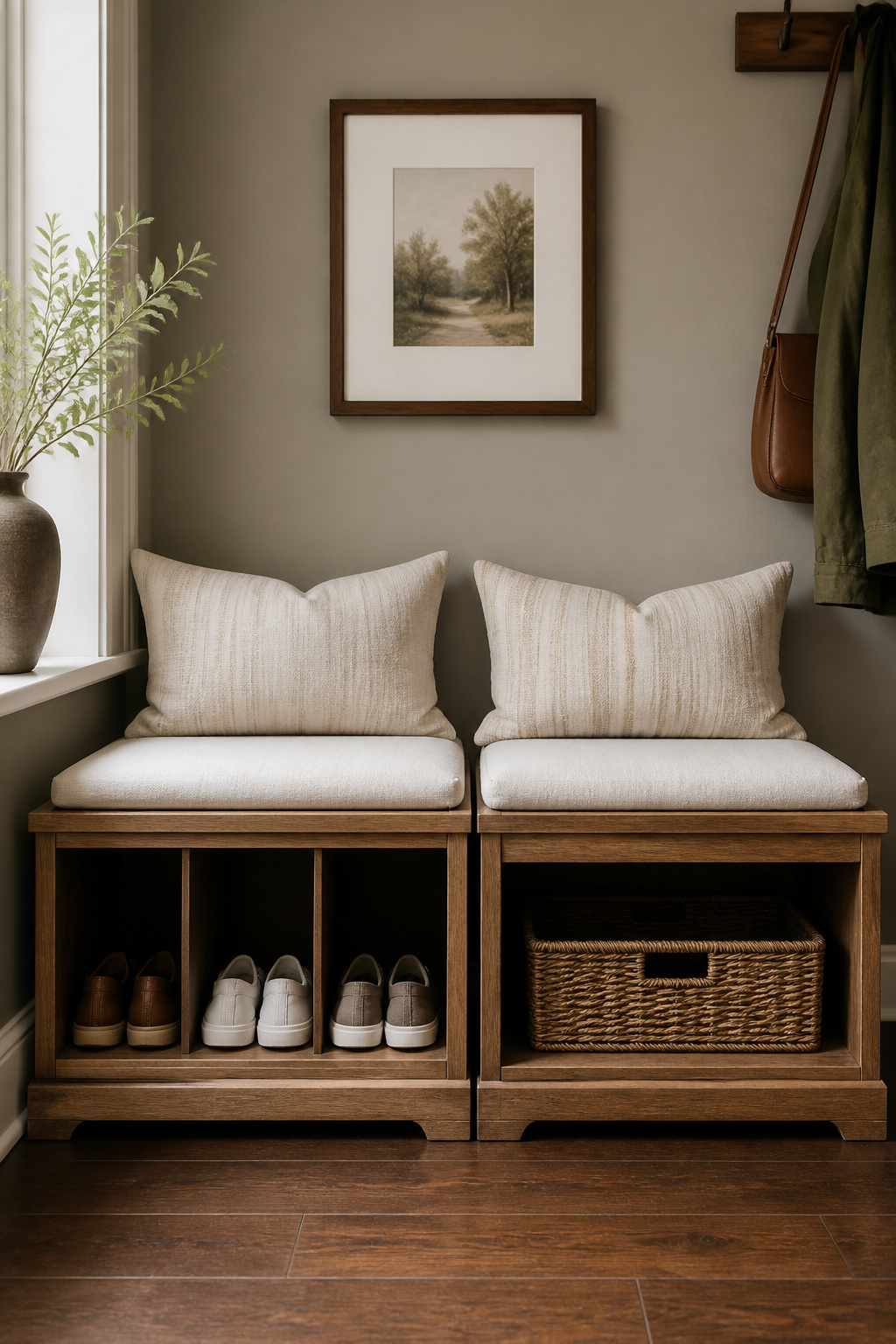 Two entryway bench styles side by side: one with open cubbies holding shoes, one with a woven basket shelf