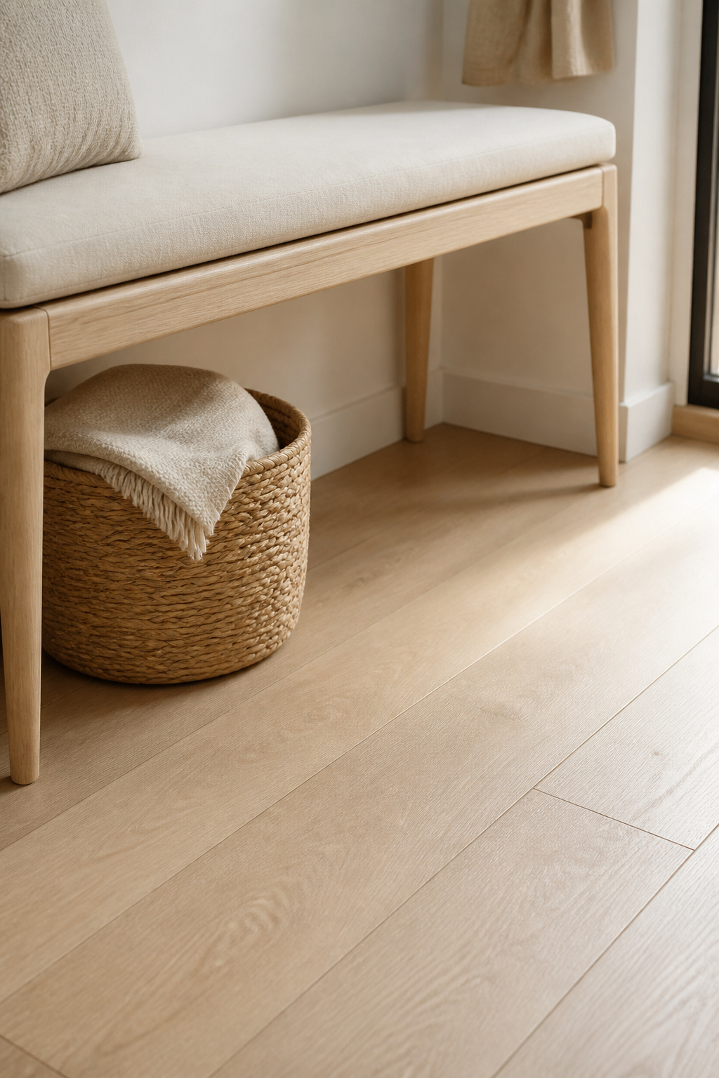 A single round seagrass basket holding a folded cream throw tucked under the left side of a pale ash entryway bench, with empty space to the right
