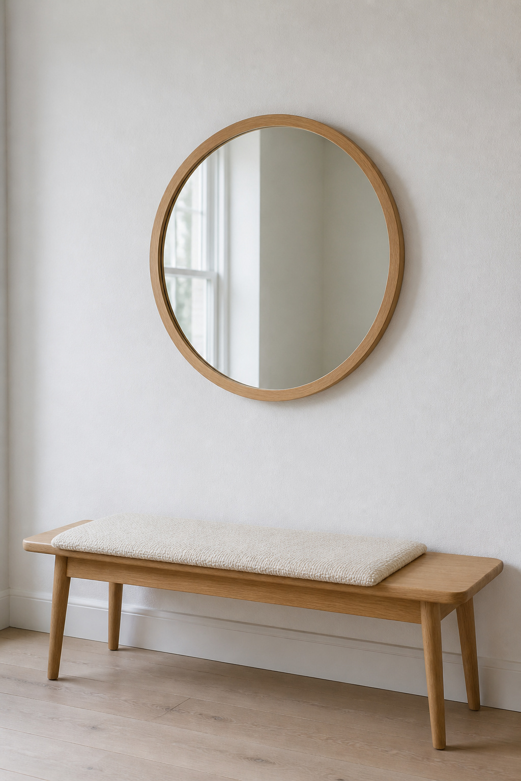 A round oak-framed mirror hung 7 inches above a pale ash entryway bench, mirror diameter approximately two-thirds the bench width, reflecting natural light