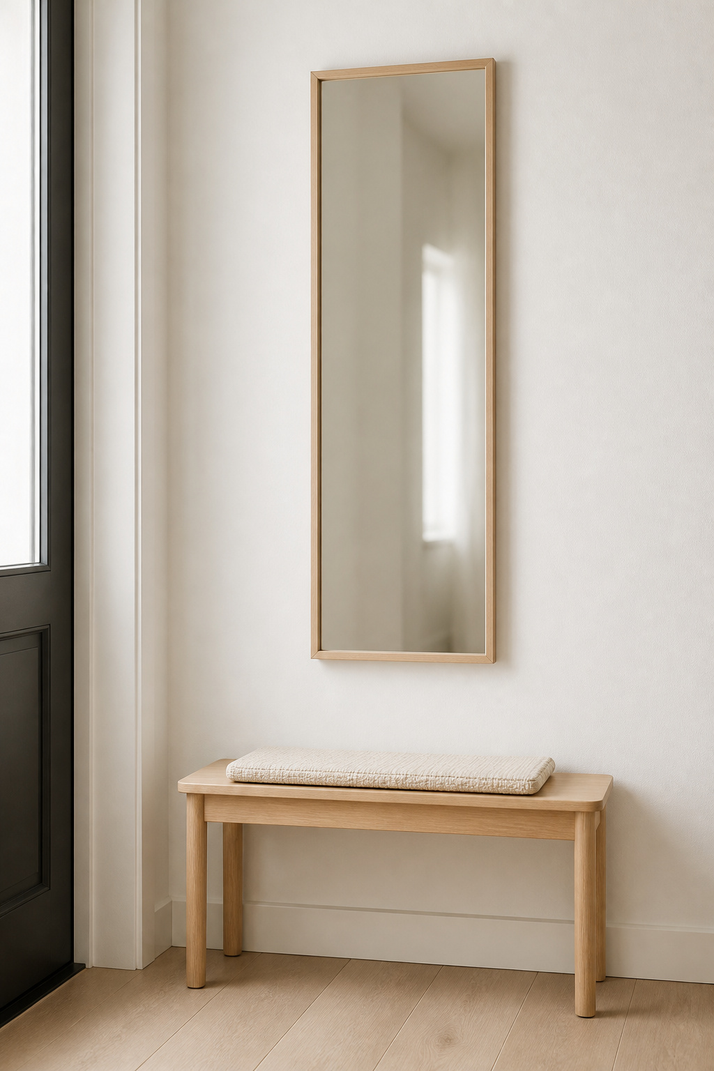 A narrow 30-inch pale oak entryway bench with a single centred cream cushion and a slim pale-wood rectangular mirror above — a restrained styling for a small foyer