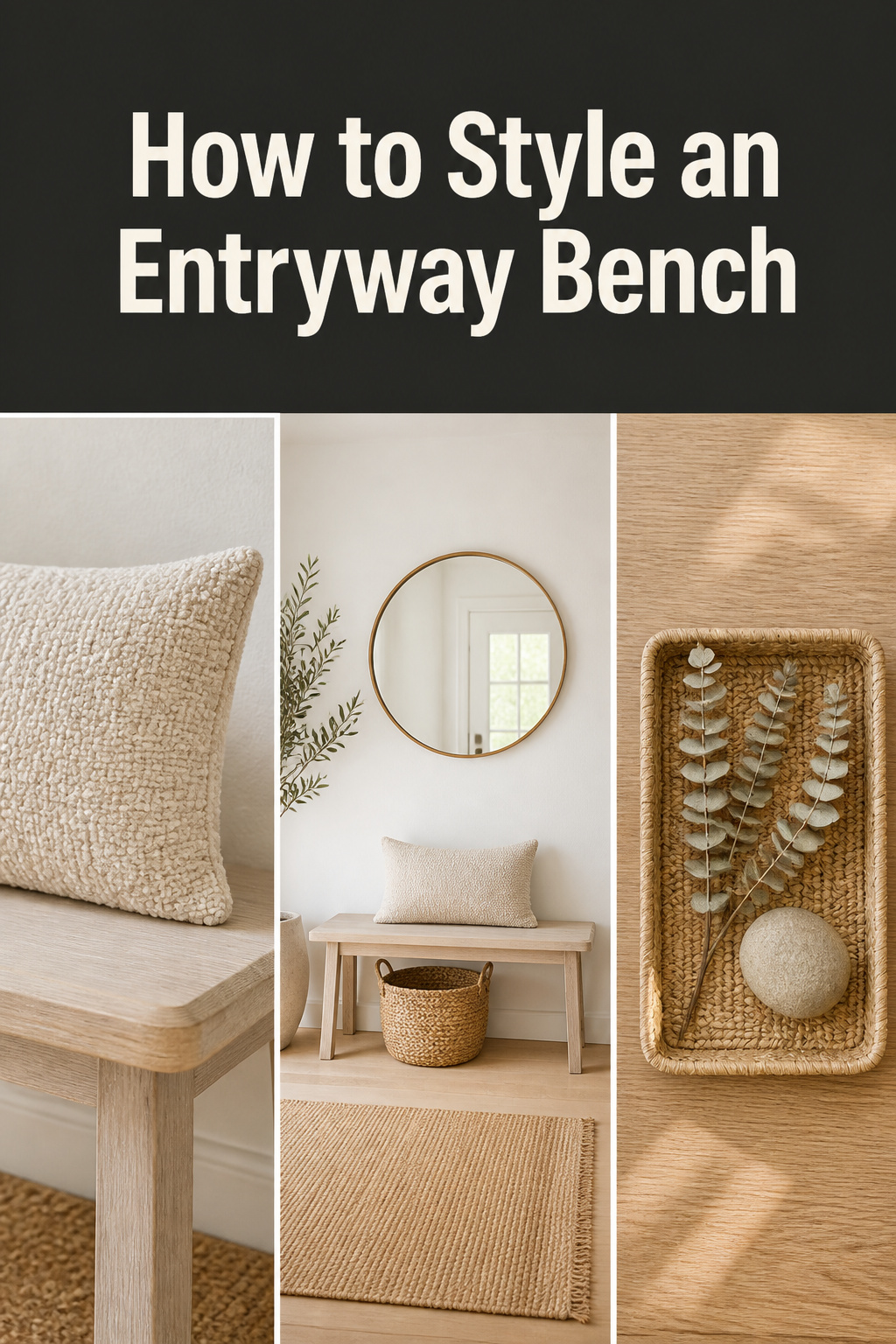 Pinterest collage showing a woven cushion detail, a minimal Scandinavian entryway bench with basket and mirror, and a flat-lay styling vignette