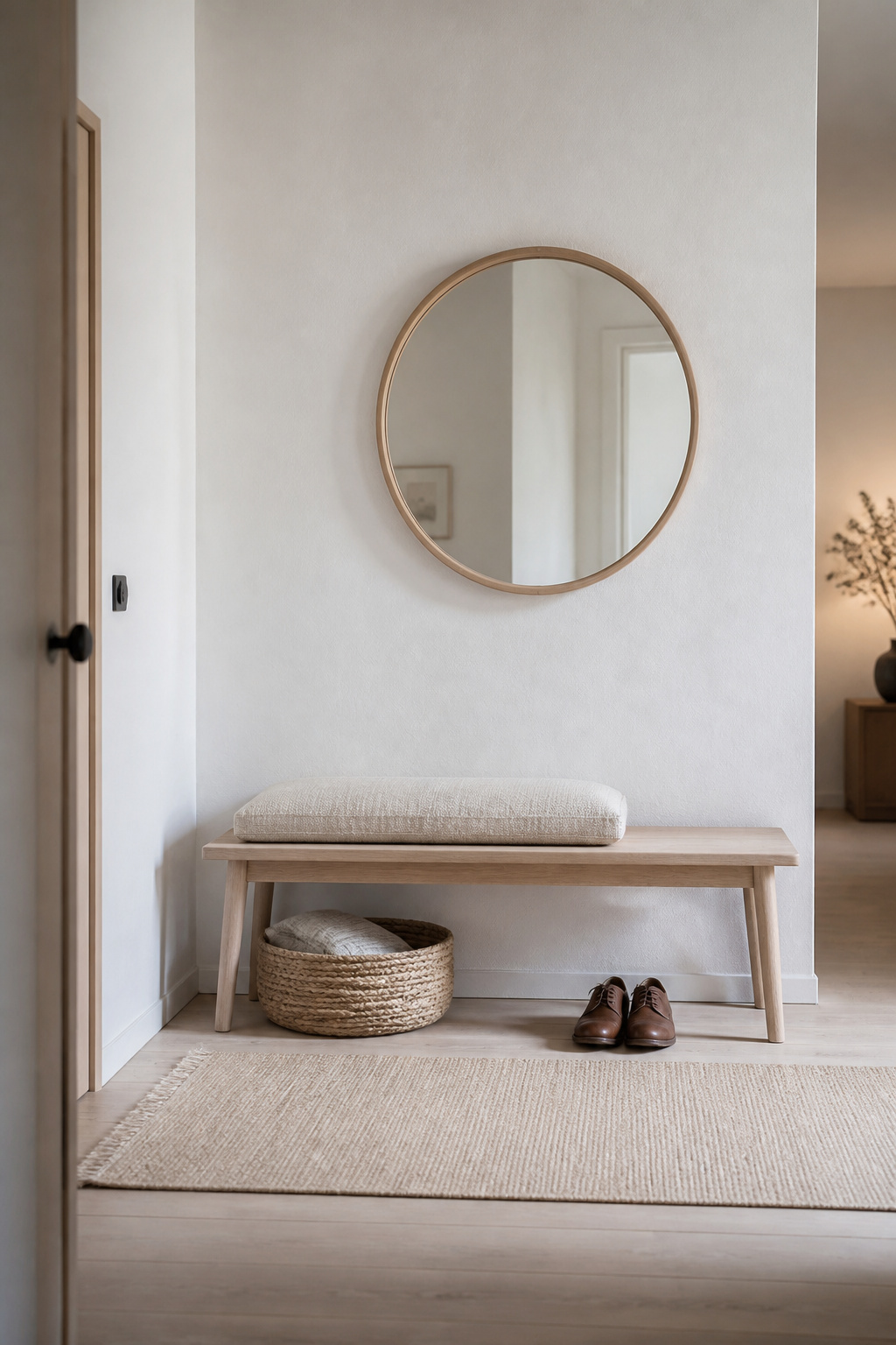 Pale ash entryway bench with a woven cream cushion, seagrass basket beneath, and a round oak-framed mirror above, set against a white plaster wall