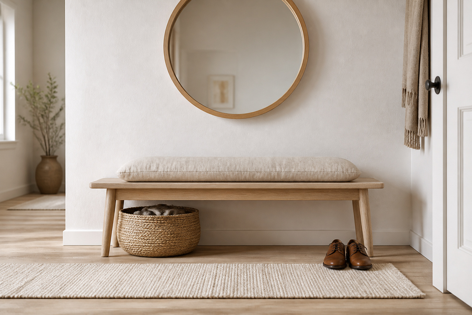 Pale ash entryway bench with a woven cream cushion, seagrass basket beneath, and a round oak-framed mirror above, set against a white plaster wall