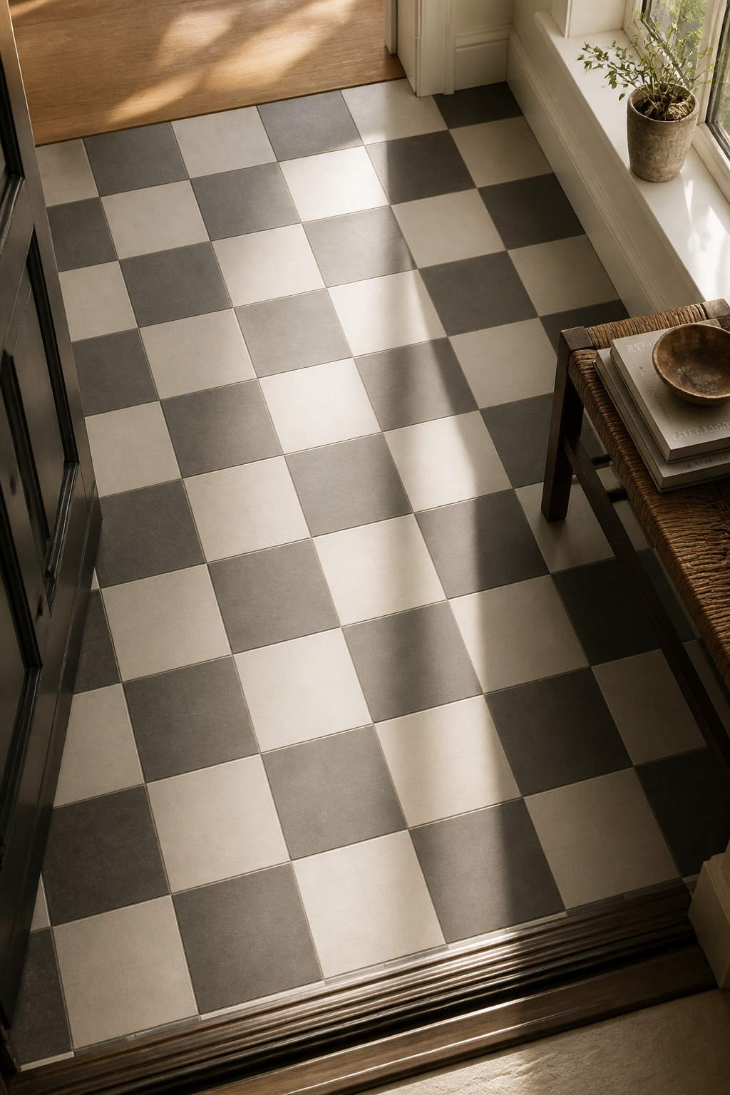 Checkerboard entryway floor in 2026 bone-and-charcoal palette with warm grey grout, viewed diagonally from above