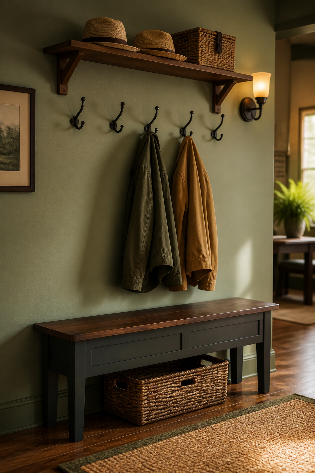 Three-layer entryway drop zone with upper shelf, five coat hooks at 60 inches, and bench with basket storage on a sage-green wall