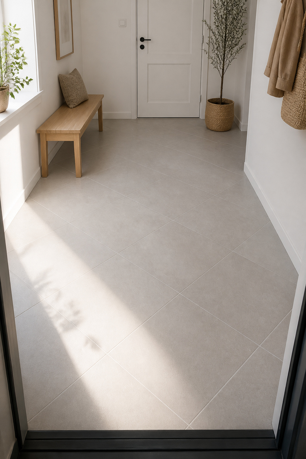 Large-format 24x24 porcelain tiles laid diagonally in a compact entryway, creating a continuous visual surface that makes the foyer appear larger
