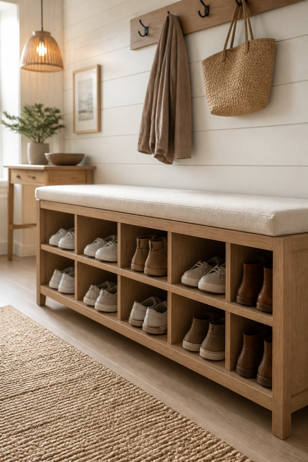 Light oak entryway bench with 10 open shoe cubbies beneath a linen padded seat, holding sneakers and ankle boots in a white-walled hallway