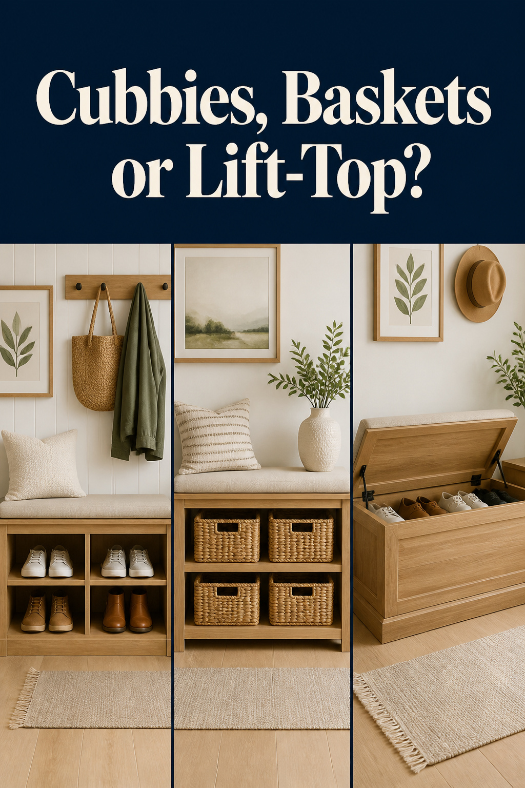 Three-panel comparison of entryway shoe storage bench types: open cubbies with sneakers, woven baskets on shelves, and lift-top hidden storage compartment