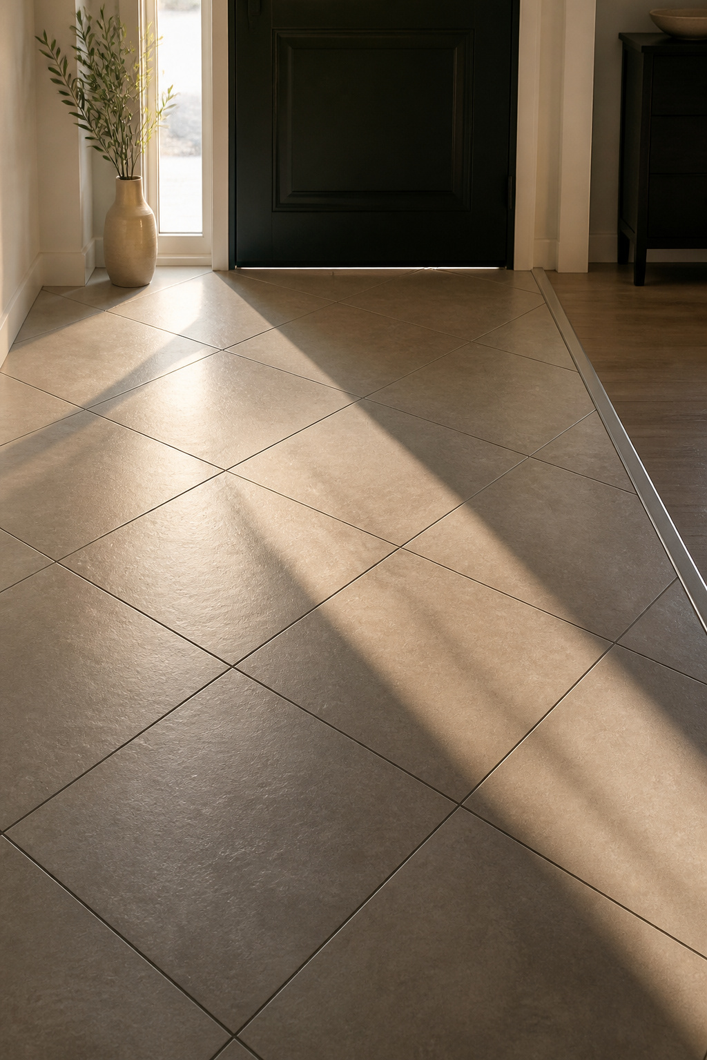 Sunlit entryway tile floor with large-format diagonal porcelain tiles transitioning to a wood-look plank floor at a metal threshold