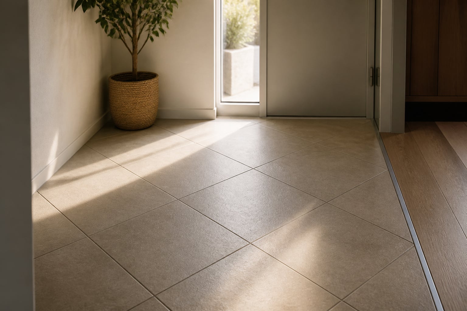 Sunlit entryway tile floor with large-format diagonal porcelain tiles transitioning to a wood-look plank floor at a metal threshold