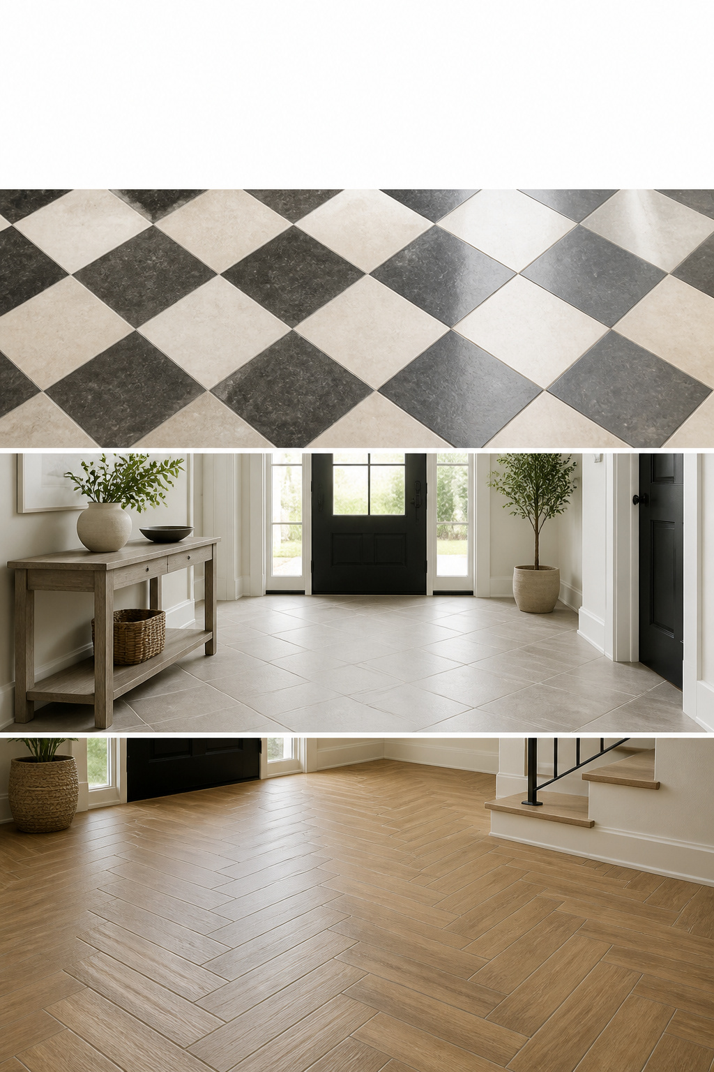 Pinterest collage showing three entryway tile floor styles — checkerboard, large-format diagonal, and herringbone wood-look plank