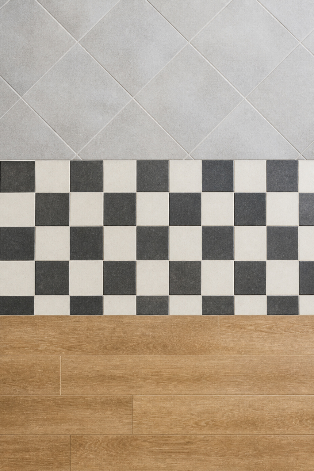 Three entryway tile floor scenarios shown as stacked horizontal bands: light grey diagonal porcelain, bone-and-charcoal checkerboard, and oak wood-look plank