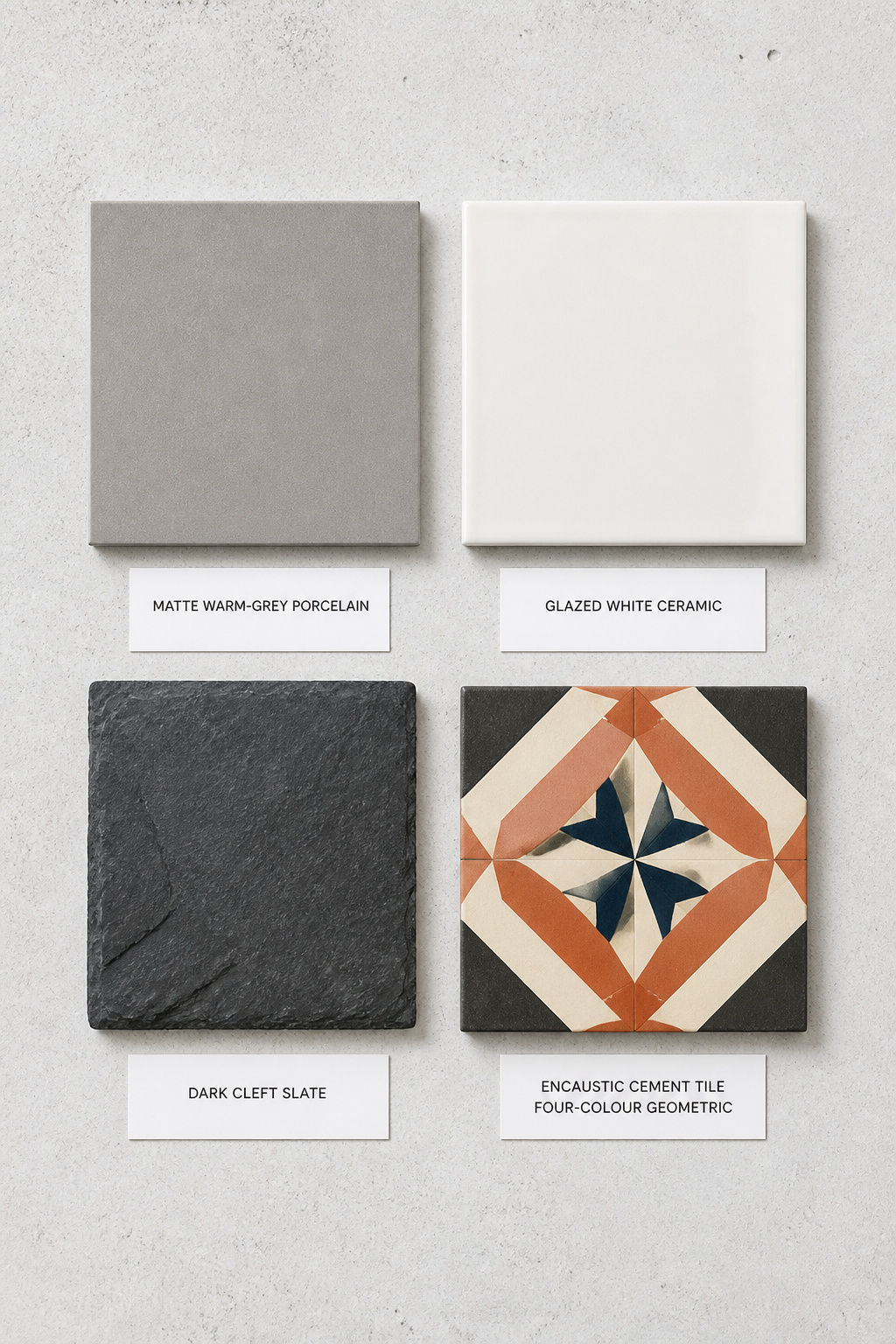 Four entryway tile material samples arranged in a grid: matte porcelain, glazed ceramic, natural cleft slate, and encaustic cement tile with geometric pattern