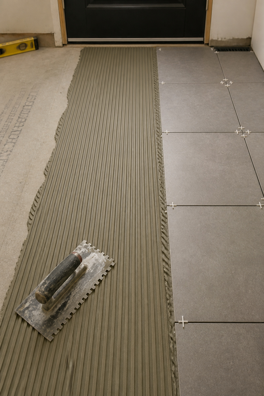 Entryway tile installation in progress — notched trowel thinset pattern on cement board subfloor with first row of large-format porcelain tiles set with plastic spacers