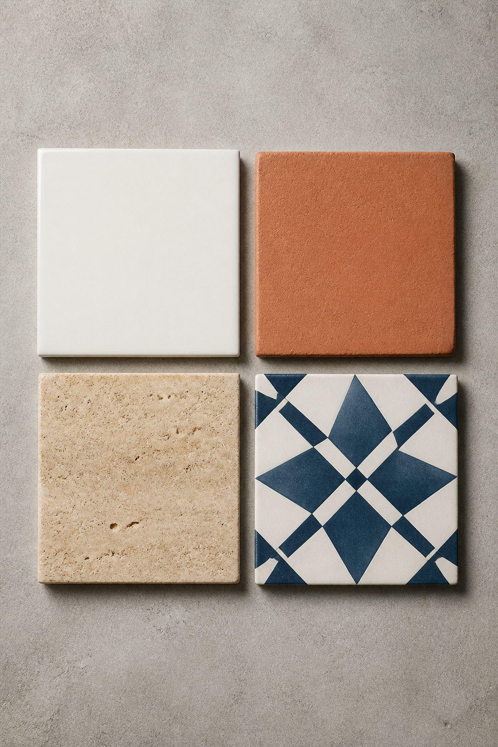 Flat-lay comparison of four entryway tile materials: porcelain, ceramic, travertine, and encaustic cement tile