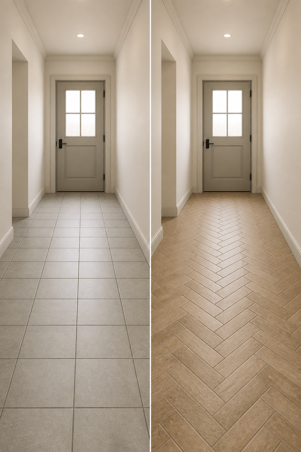 split view comparing straight-set versus herringbone tile in the same narrow entryway showing the difference in spatial effect